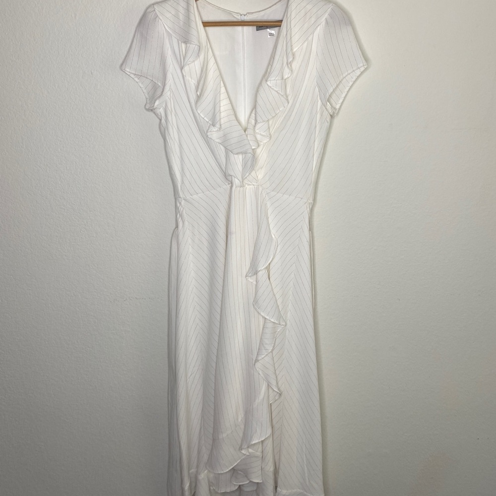 Long White Dress with Gold Pinstripes and Ruffles